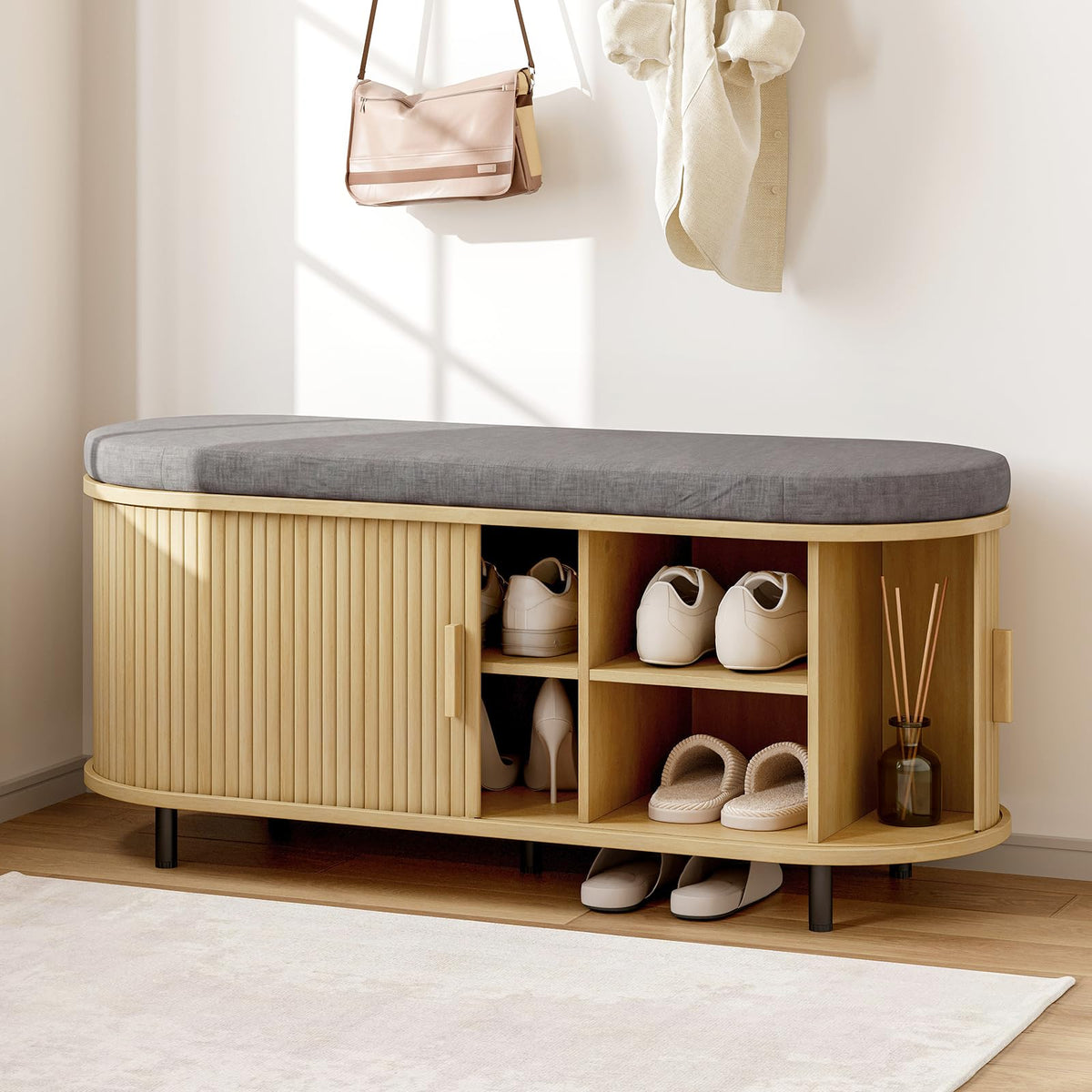ONBRILL 43" Shoe Bench with Storage, Fluted Shoe Storage Bench, Walnut