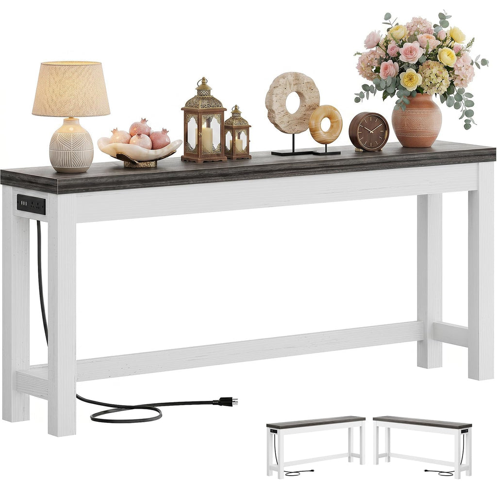 Cyclysio 63" Console Table with 2 AC Outlets & 3 USB Ports, Natural Oak