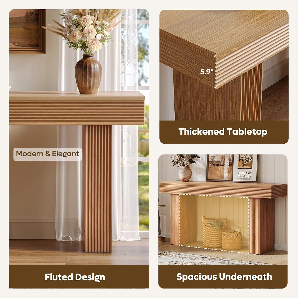Bestier 63” Entryway Table, Wood Fluted Console Table Behind Couch, Brown