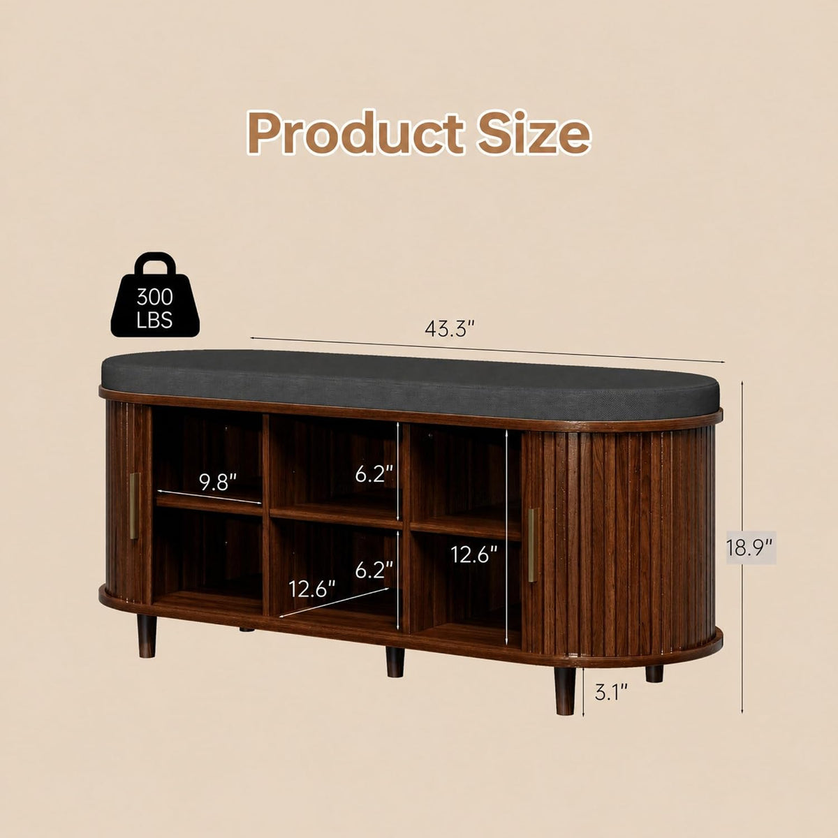 DHH 2-Tier Storage Bench,Wide Shoe Bench with Thickened Padded Seat Cushion, Mid Century Modern Fluted Sliding Door and Adjustable Shelf, for Entryway, Living Room, Bedroom (Walnut, 43.3“)