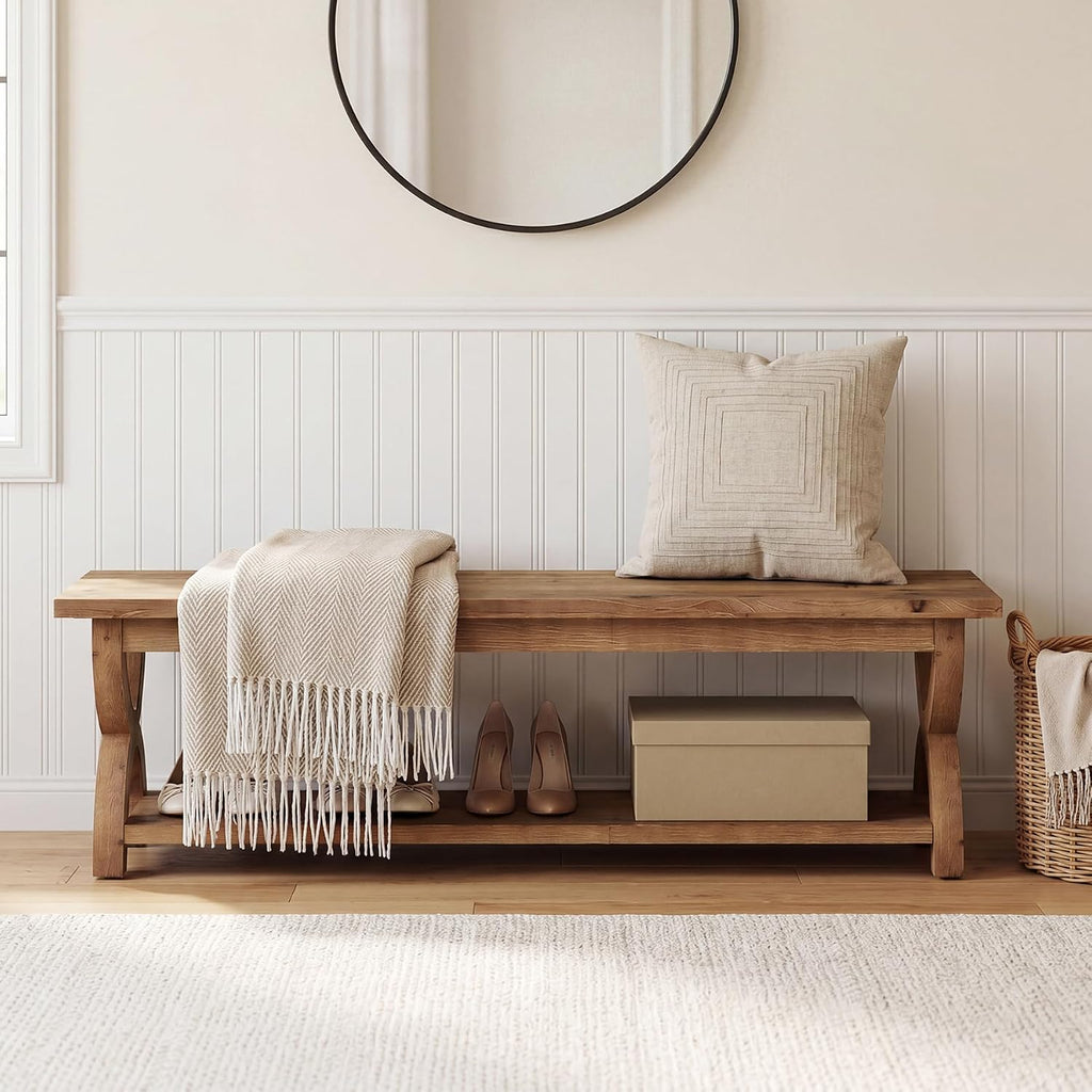 LITTLE TREE Solid Wood Shoe Storage Bench with 2-Tier Shelf