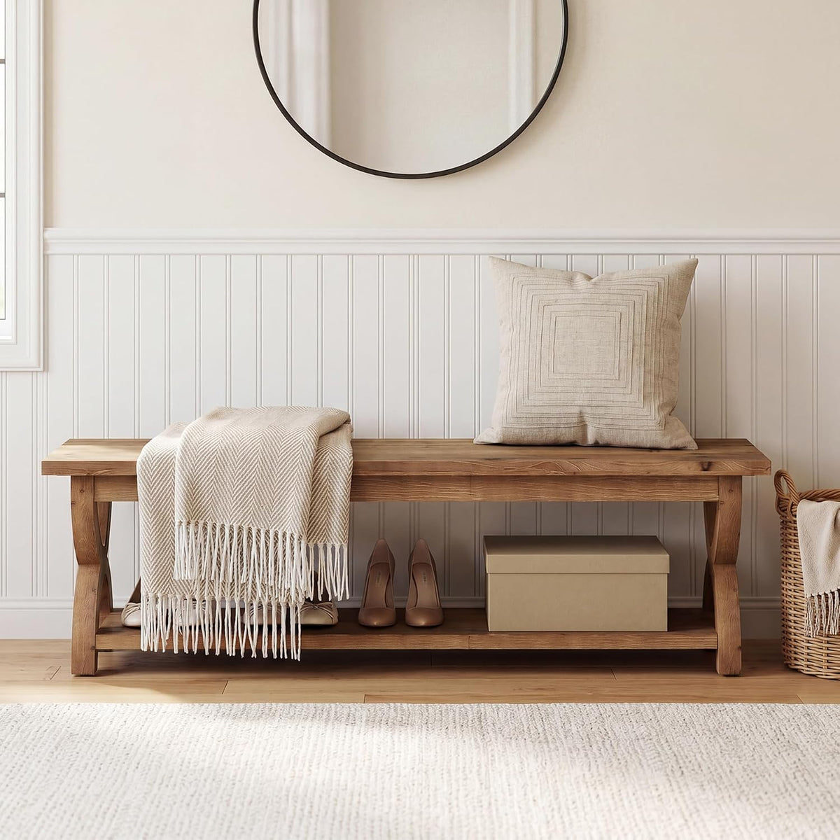 LITTLE TREE Solid Wood Shoe Storage Bench with 2-Tier Shelf