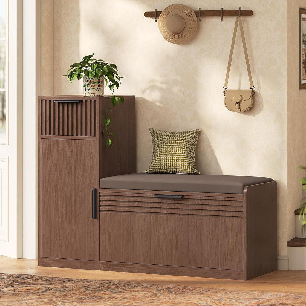 45.3" L-Shaped Storage Bench, Entryway Bench with Shoe Storage and Cushion, 3-Level Adjustable Shelves Flip Drawer & Side Cabinet with Fluted Panels for Hallway, Mudroom, Living Room, Walnut