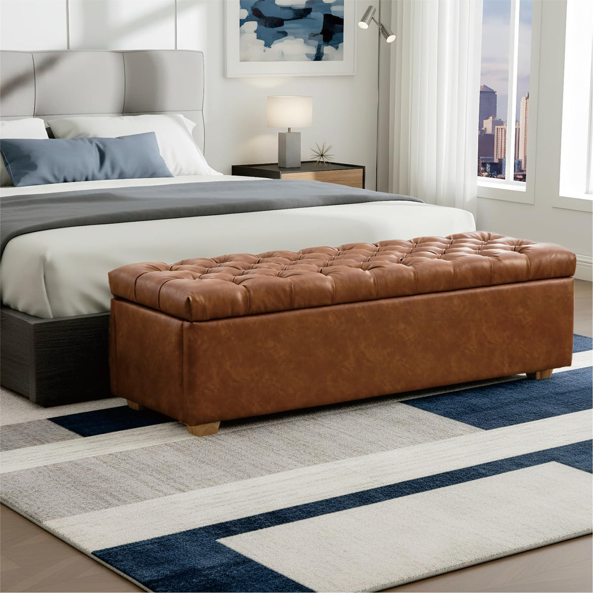 Chifee & Vingol 60" Ottoman with Storage Oversized End of Bed Storage Bench Upholstered Benches for Entryway, Living Room, Bedroom-Beige