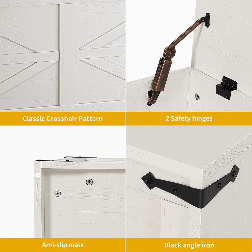 DWVO 47.2" Storage Bench, 2 Safety Hinges, Living Room, White and Walnut