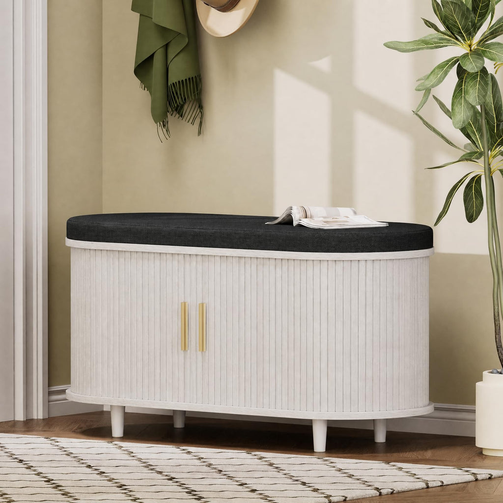 DHH 2-Tier Storage Bench,Wide Shoe Bench with Thickened Padded Seat Cushion, Mid Century Modern Fluted Sliding Door and Adjustable Shelf, for Entryway, Living Room, Bedroom (Walnut, 43.3“)