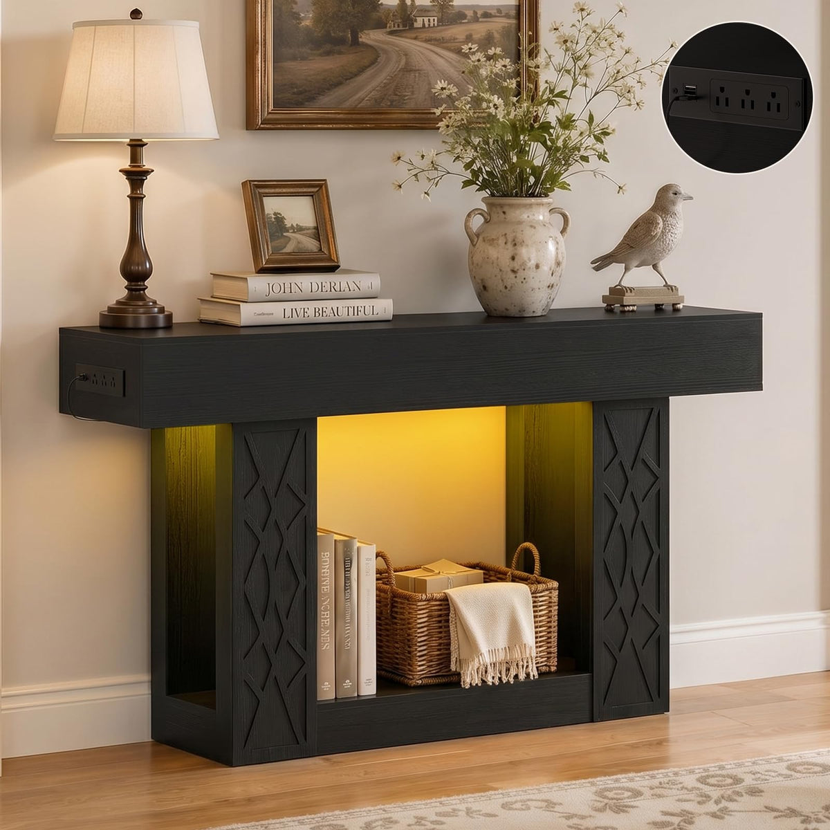 Unikito 47" Console Sofa Table with Power Outlet & LED Light, Grey & Brown