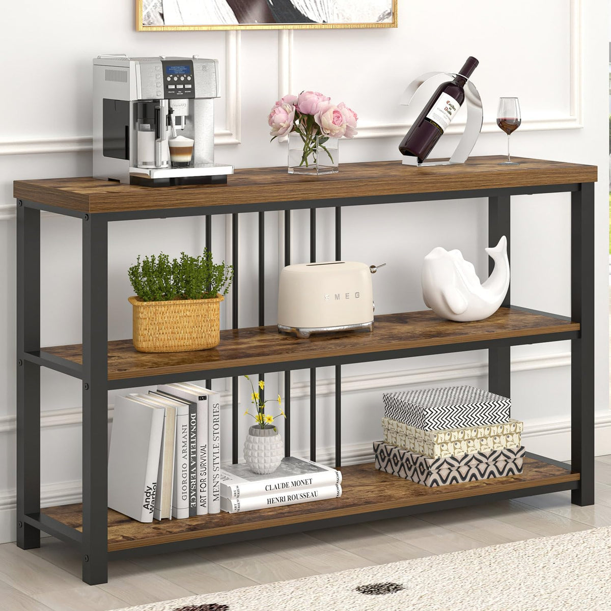 FOLUBAN Modern Sofa Table for Entryway, 3 Tier Narrow Console Table for Living Room Hallway Behind Couch, Rustic Oak