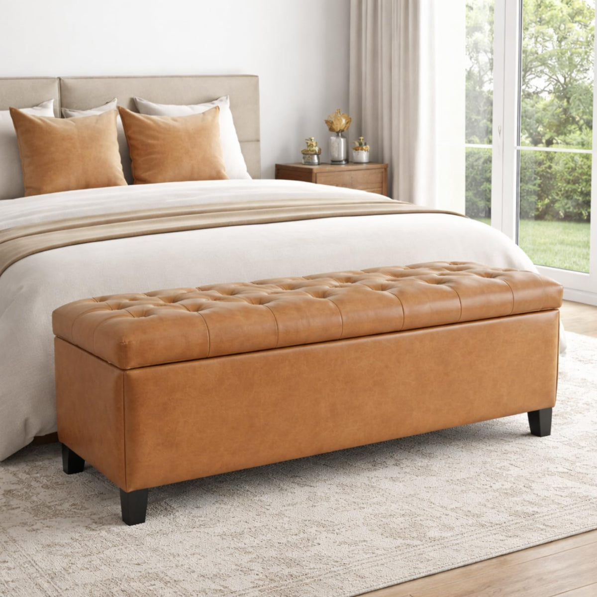Storage Bench for Bedroom, 65.2'' Tufted End of Bed King Size Upholstered Extra-Long Bench with Dual Flip-Top Lids for Entryway, Hallway, Cloakroom, Window, Griege.