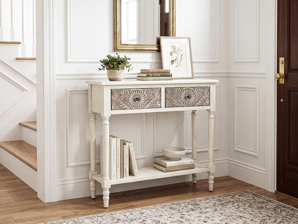 COSIEST Console Table with 2 Drawers, MDF Narrow Entryway Table with Storage Shelf, Wood Accent Sofa Table for Living Room, Entrance, Hallway, Couch, Light Grey