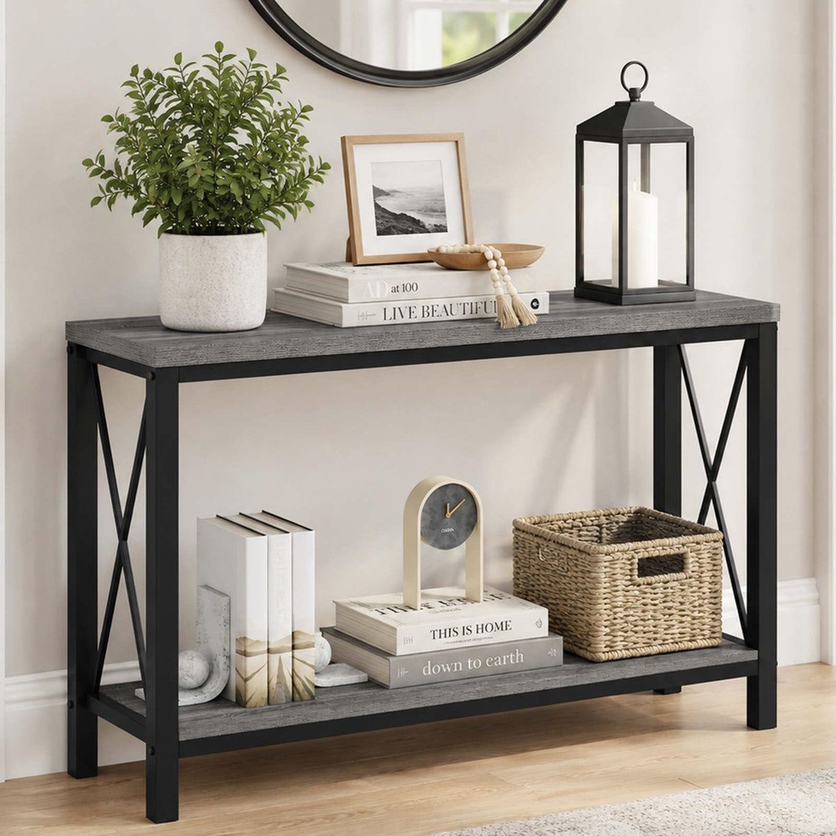 BON AUGURE 47” Narrow Console Table, 3 Tier Sofa Table Behind Couch, Rustic