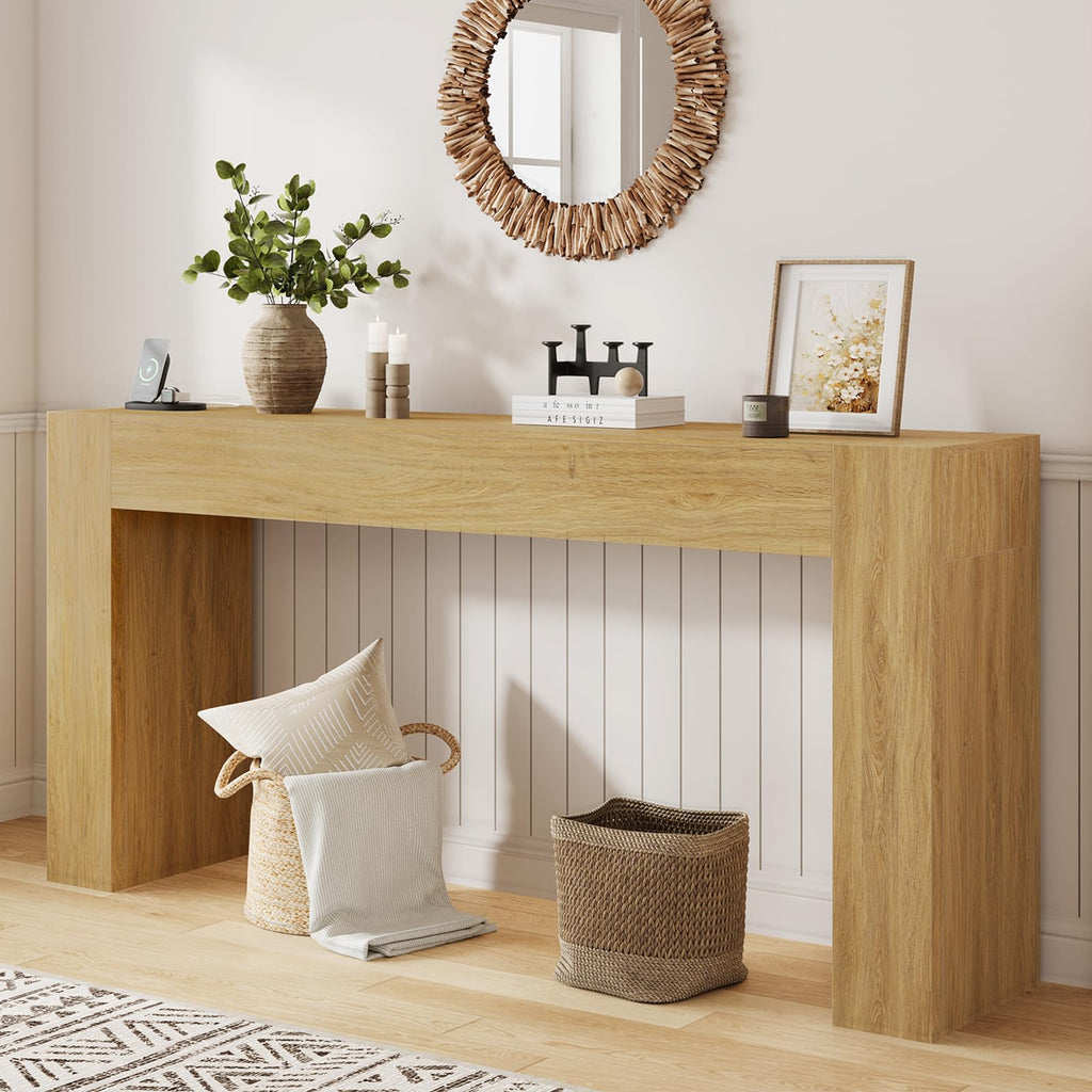 63-Inch Farmhouse Console Sofa Table with Power Outlets & LED Lights