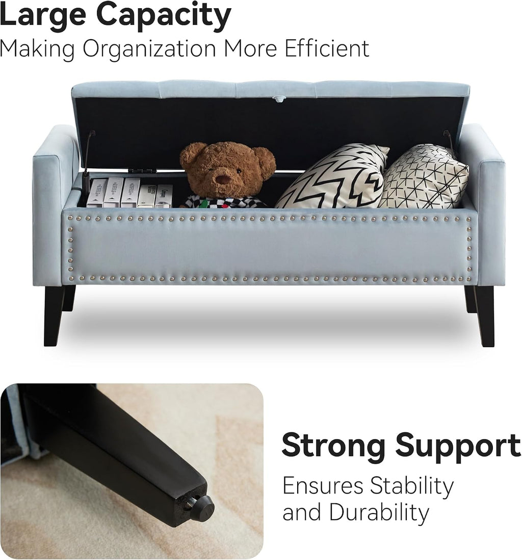 WUTUTUEE 47" Velvet Storage Bench, Upholstered Bed Bench with Storage, End of Bed Ottoman with Wooden Legs,Bedside Storage Bench for Bedroom, Living Room, or Entryway, Blue Grey