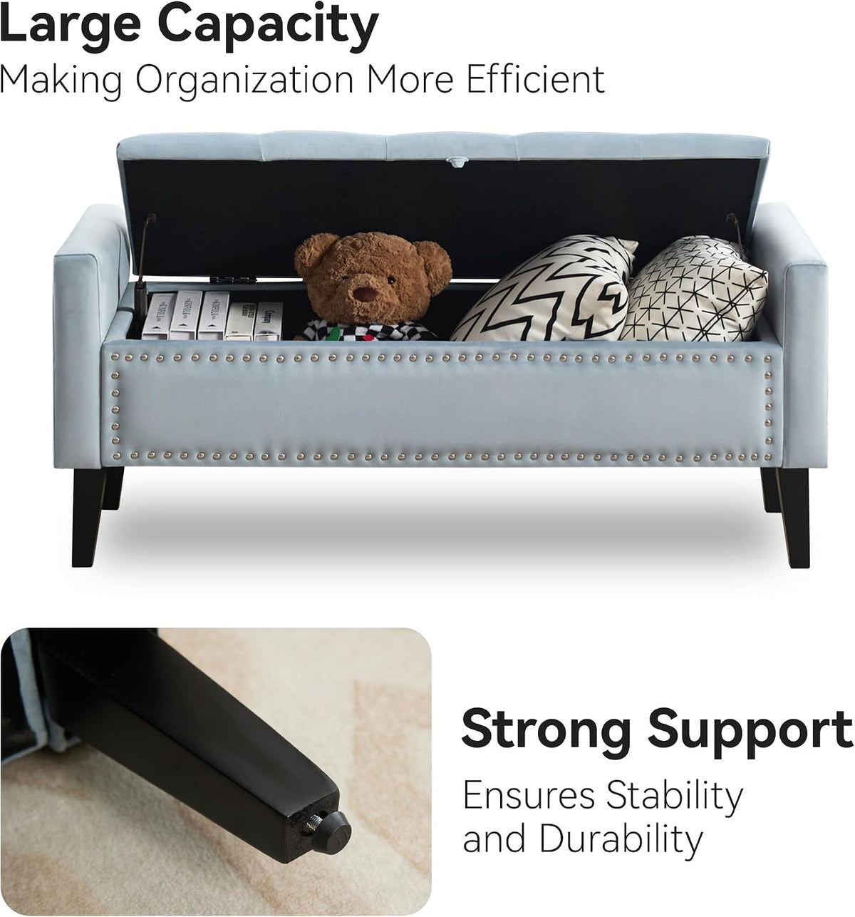 WUTUTUEE 47" Velvet Storage Bench, Upholstered Bed Bench with Storage, End of Bed Ottoman with Wooden Legs,Bedside Storage Bench for Bedroom, Living Room, or Entryway, Blue Grey