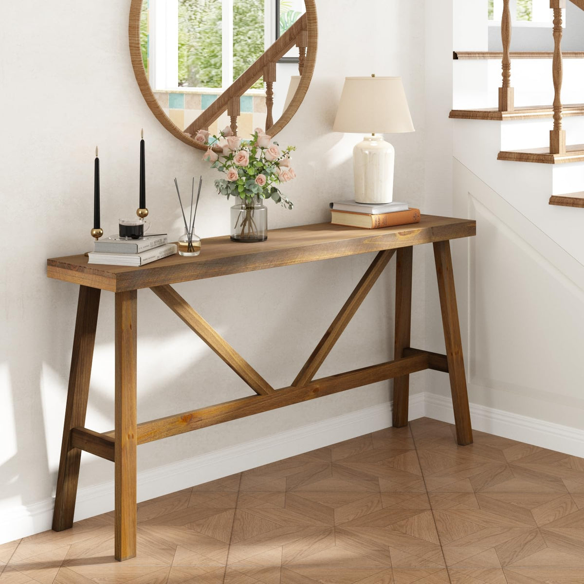 Wnutrees 43" Farmhouse Solid Wood Console Table, Rustic Hallway Table
