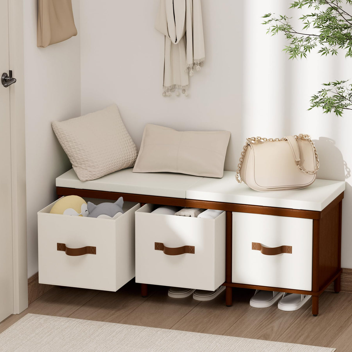 Shoe Bench, 43.3" Storage Bench, Entryway Bench with Cushion Seat