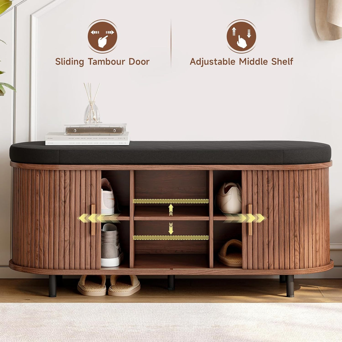 ONBRILL 43" Shoe Bench with Storage, Fluted Shoe Storage Bench, Walnut