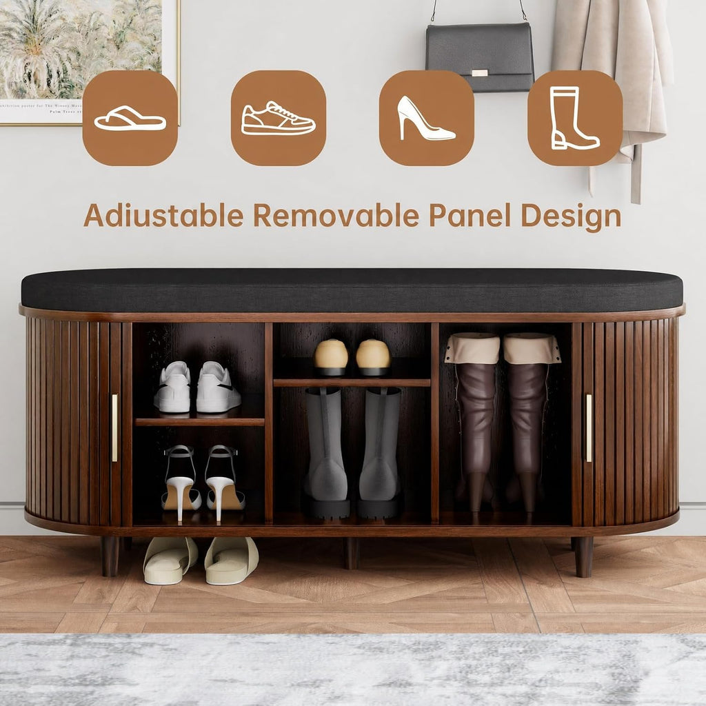 DHH 2-Tier Storage Bench,Wide Shoe Bench with Thickened Padded Seat Cushion, Mid Century Modern Fluted Sliding Door and Adjustable Shelf, for Entryway, Living Room, Bedroom (Walnut, 43.3“)