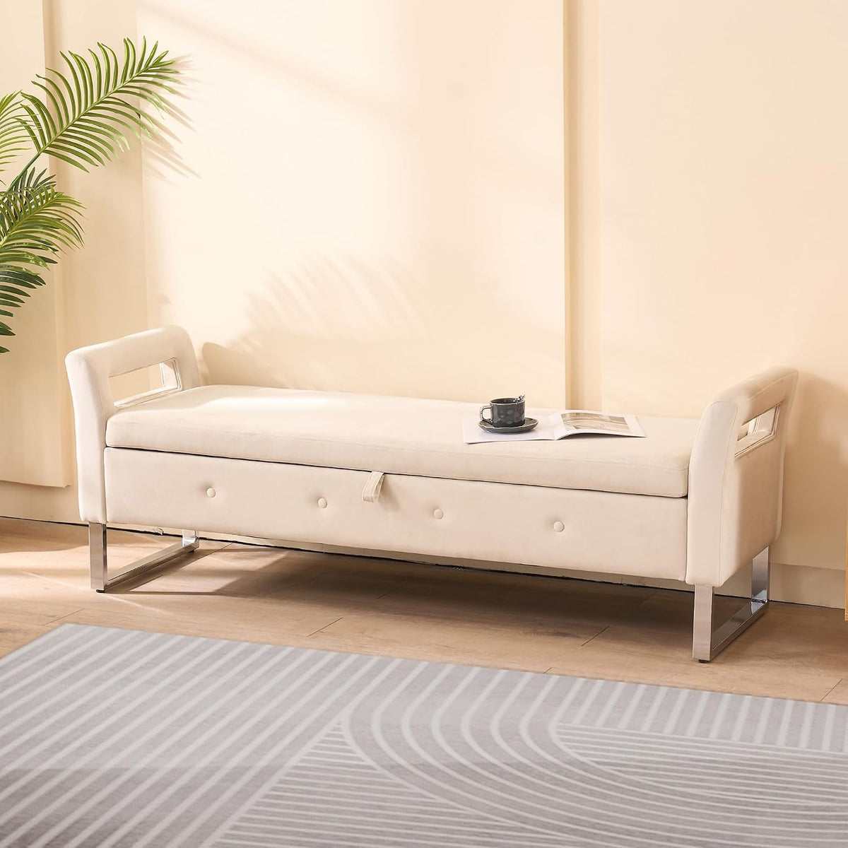 GDFStudio Velvet Storage Bench with Hidden Compartment - Upholstered Ottoman for Entryway, Bedroom, Living Room - Soft Foam Cushion, Sturdy Silver Metal Legs, Easy Assembly - Beige Storage Seat