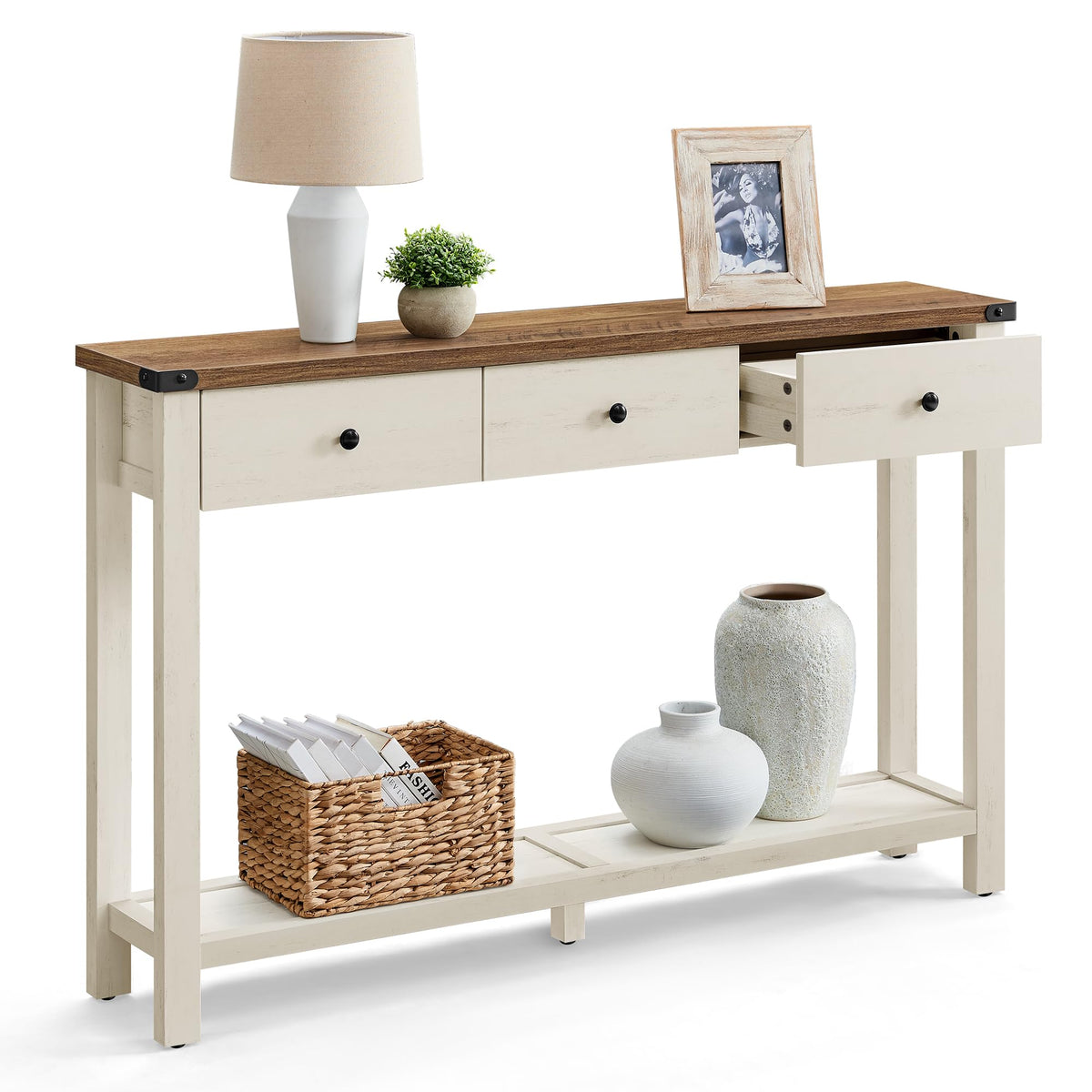 VASAGLE 47.2" Narrow Console Table with 3 Drawers and Open Storage Shelf