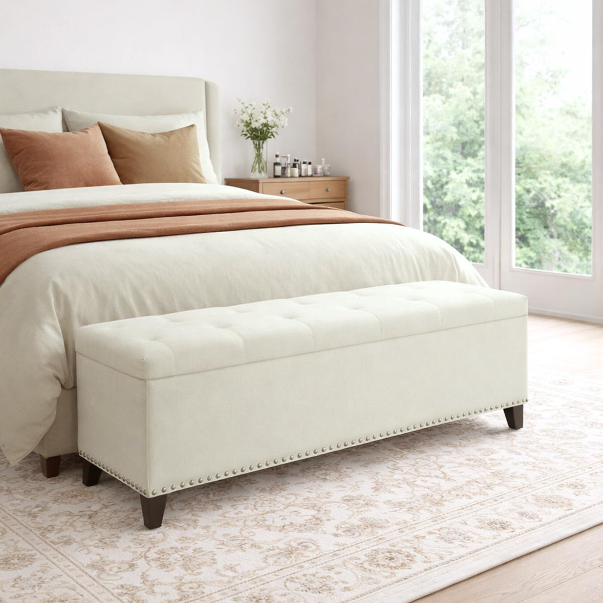 Storage Bench for Bedroom, 65.2'' Tufted End of Bed King Size Upholstered Extra-Long Bench with Dual Flip-Top Lids for Entryway, Hallway, Cloakroom, Window, Griege.