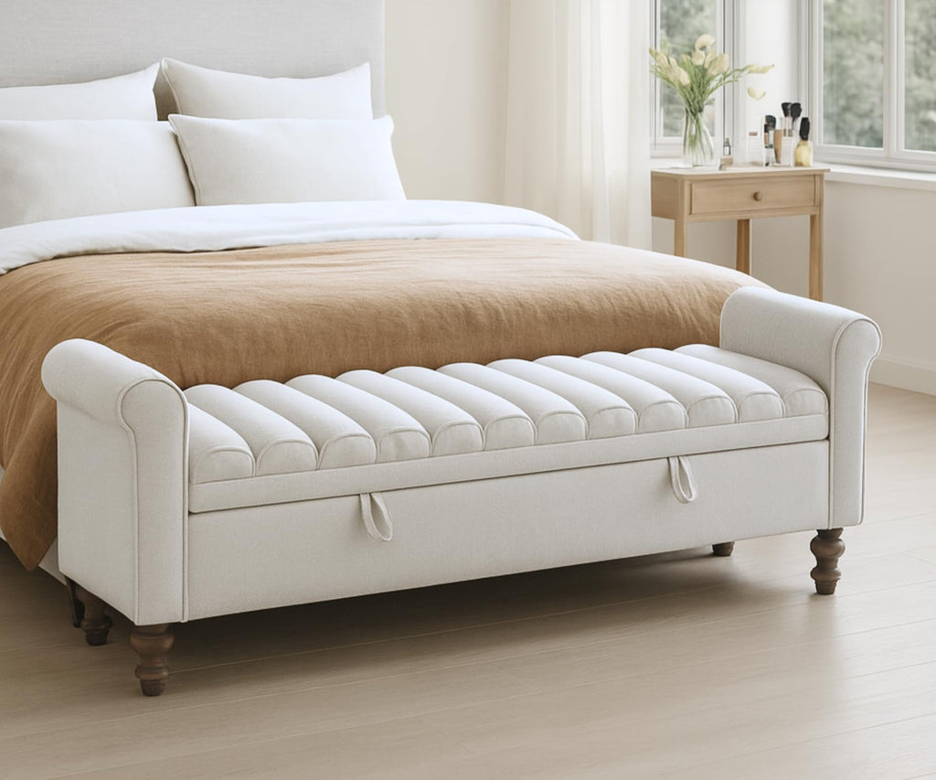 Storage Bench for Bedroom, 65.2'' Tufted End of Bed King Size Upholstered Extra-Long Bench with Dual Flip-Top Lids for Entryway, Hallway, Cloakroom, Window, Griege.