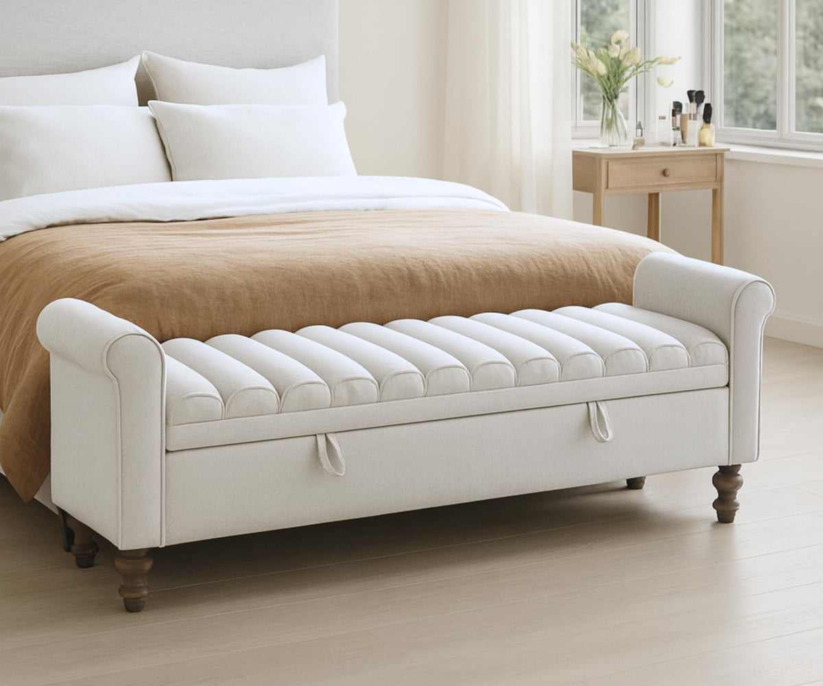 Storage Bench for Bedroom, 65.2'' Tufted End of Bed King Size Upholstered Extra-Long Bench with Dual Flip-Top Lids for Entryway, Hallway, Cloakroom, Window, Griege.