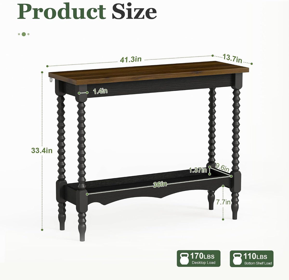YOSHOOT 2-Tier Console Table, Entryway Table with 2 Shelves, Sofa Table for Living Room, Hallway,Black Brown