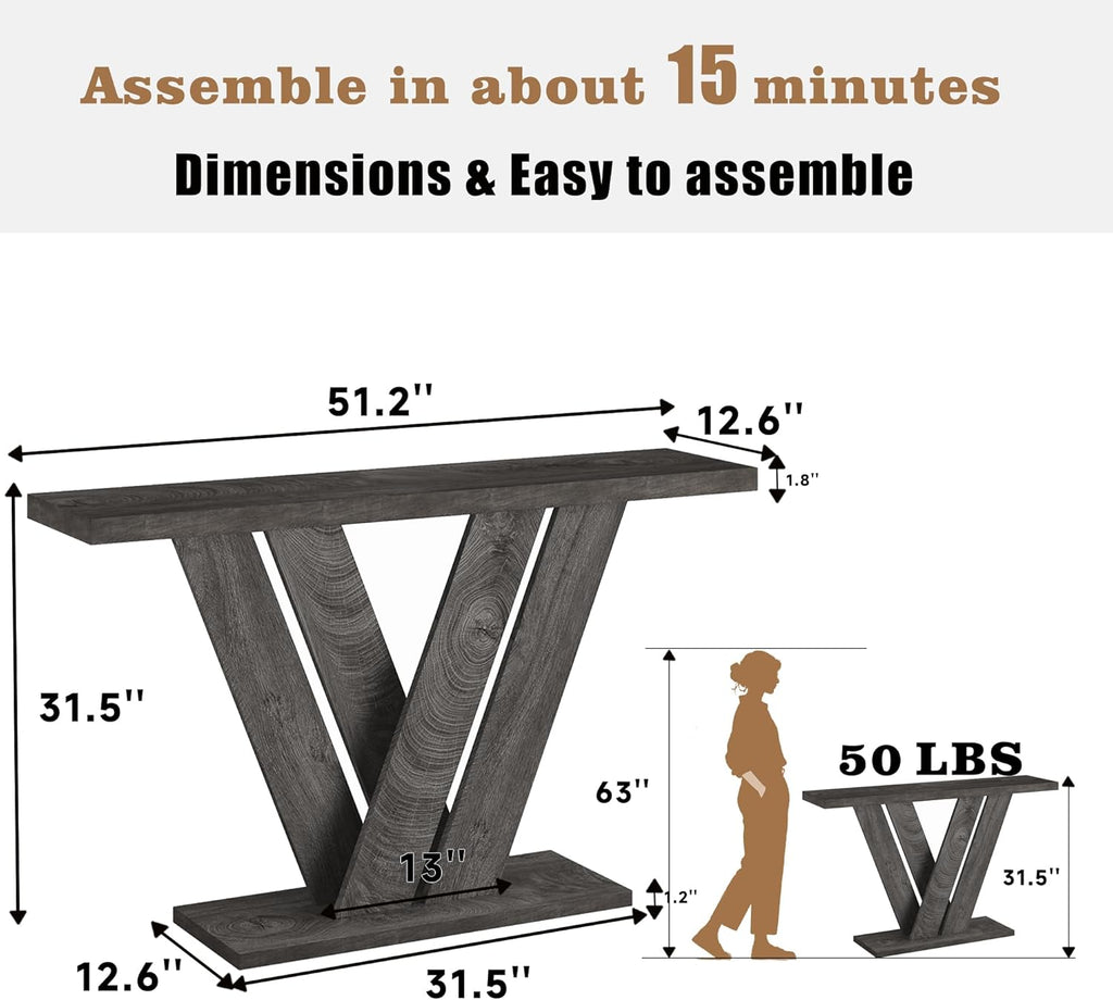 51" Console Table, V-Shaped Entryway Table, Wood Sofa Table Behind Couch