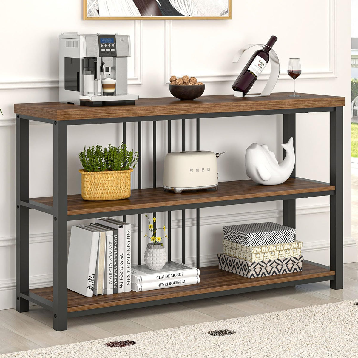 FOLUBAN Modern Sofa Table for Entryway, 3 Tier Narrow Console Table for Living Room Hallway Behind Couch, Rustic Oak