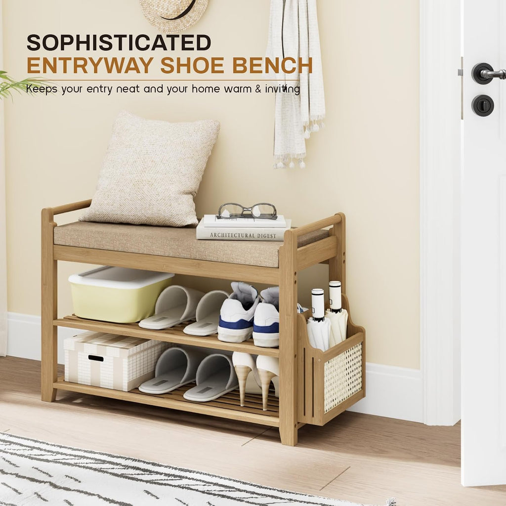 Homaxy 2-Tier Shoe Rack Bench, 28.2 in, Walnut and Light Brown