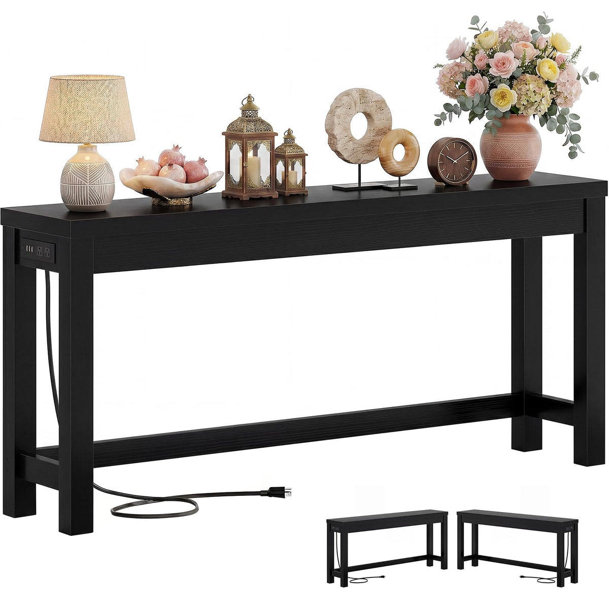 Cyclysio 63" Console Table with 2 AC Outlets & 3 USB Ports, Natural Oak