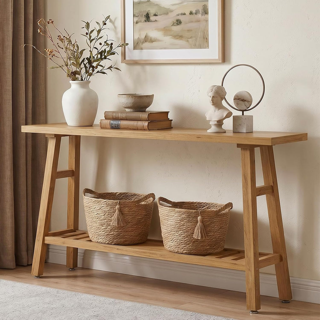 59" Solid Firwood Console Table, Farmhouse Natural Entryway Table