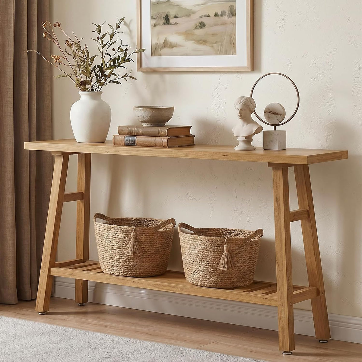 59" Solid Firwood Console Table, Farmhouse Natural Entryway Table