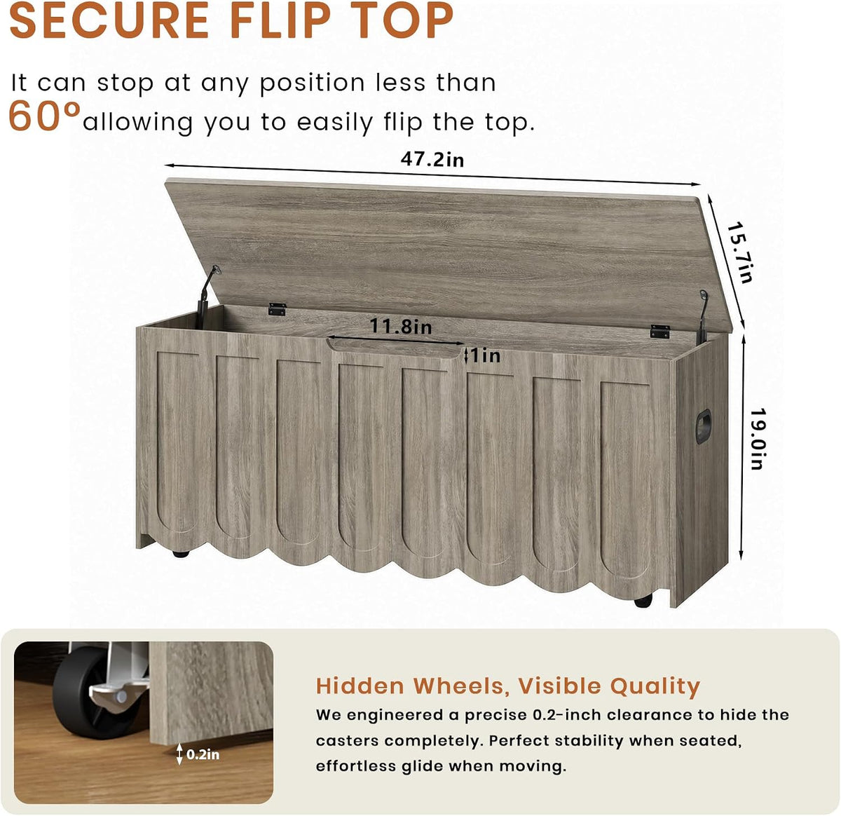 DHZ 47.2 Inch Wooden Storage Bench, Storage Chest with Cushion Seat, 4 Swivel Wheels and 2 Safety Hinges, Entryway Storage Bench for Living Room, Bedroom