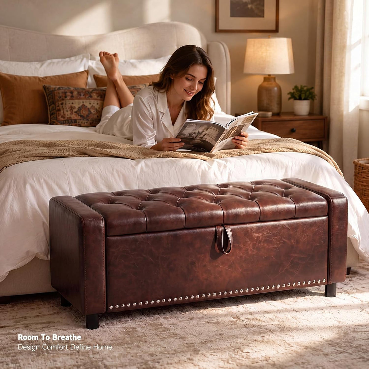 46" Storage Ottoman Bench, 30 Gallon Faux Leather Storage Bench with Handles & Soft-Close Hinged Lid for Blanket and Pillow, Load 350 lbs, End of Bed Bench for Bedroom, Entryway & Living Room, Brown