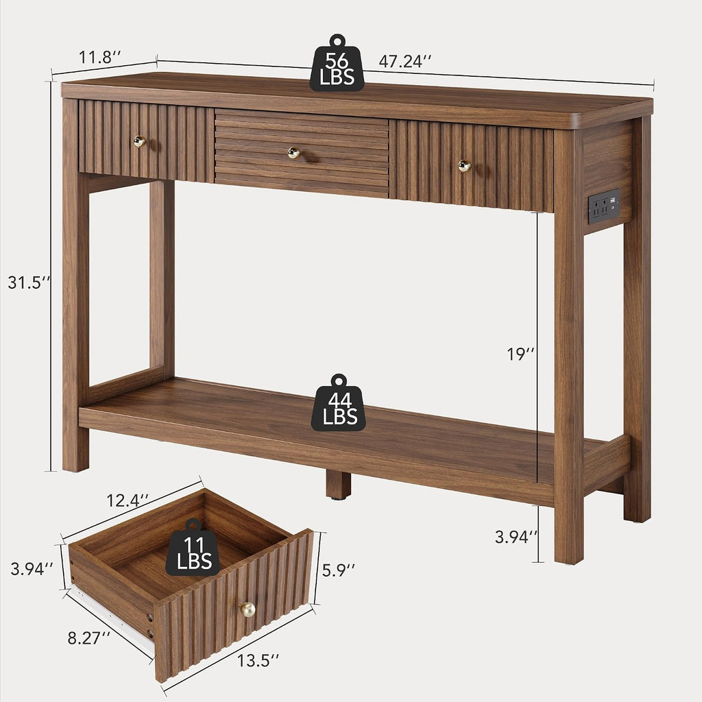 Decofy 47'' Fluted Console Table with Charging Station & 3 Drawers, Walnut