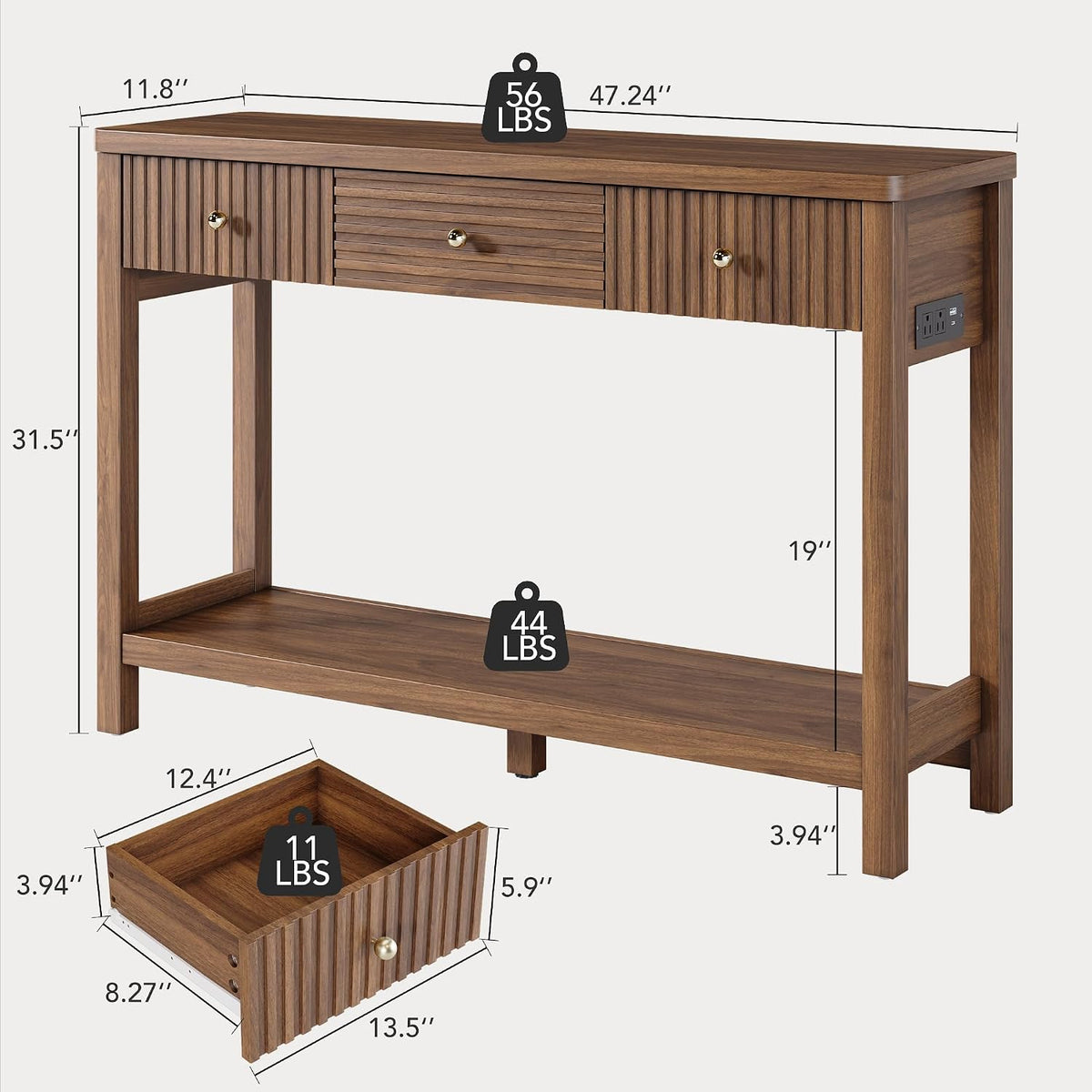 Decofy 47'' Fluted Console Table with Charging Station & 3 Drawers, Walnut