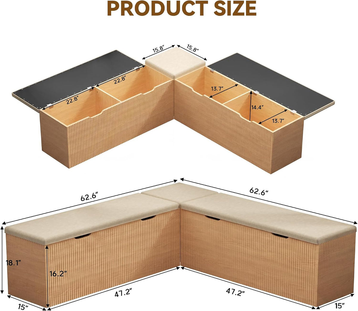 Merapi L-Shaped Storage Bench, Natural Wood Corner Bench with Storage