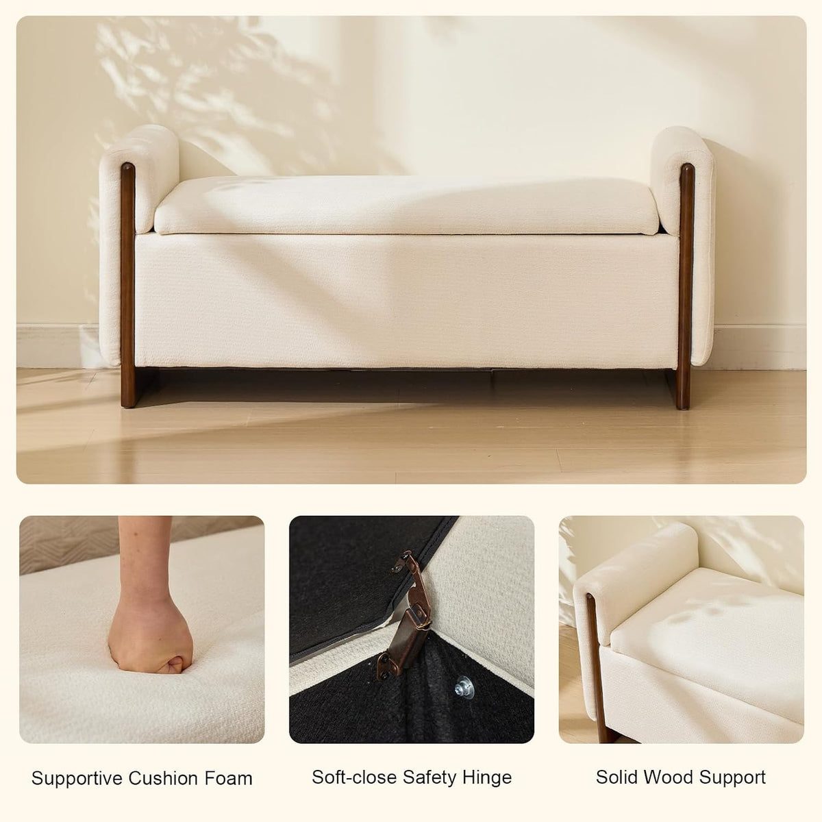 50.8 inch Storage Ottoman Bench with Armrests, Hidden Storage, Beige