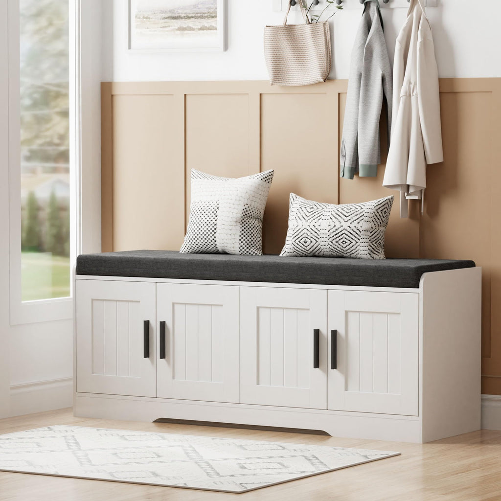 Homleke Shoe Storage Bench, 2 Doors & Thickened Padded Seat Cushion