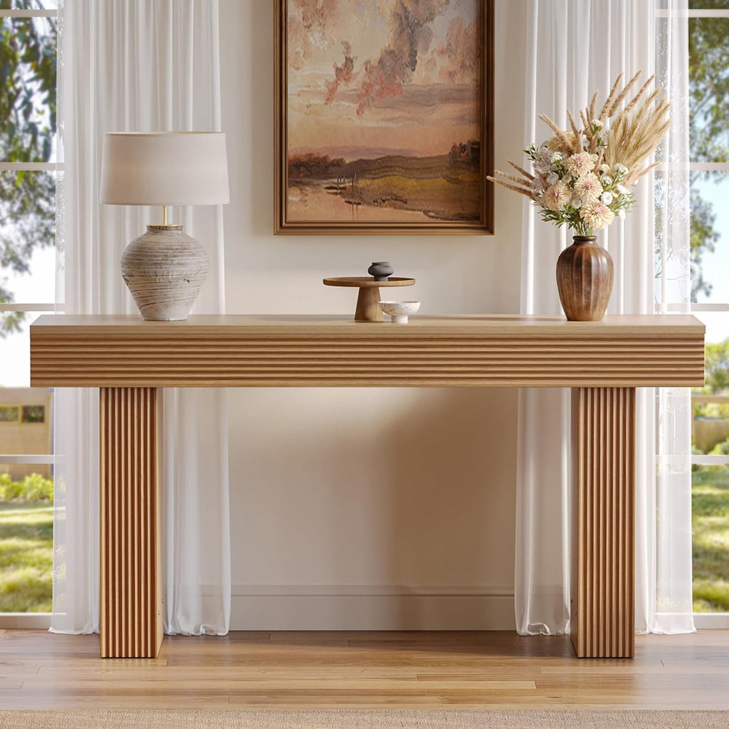 Bestier 63” Entryway Table, Wood Fluted Console Table Behind Couch, Brown