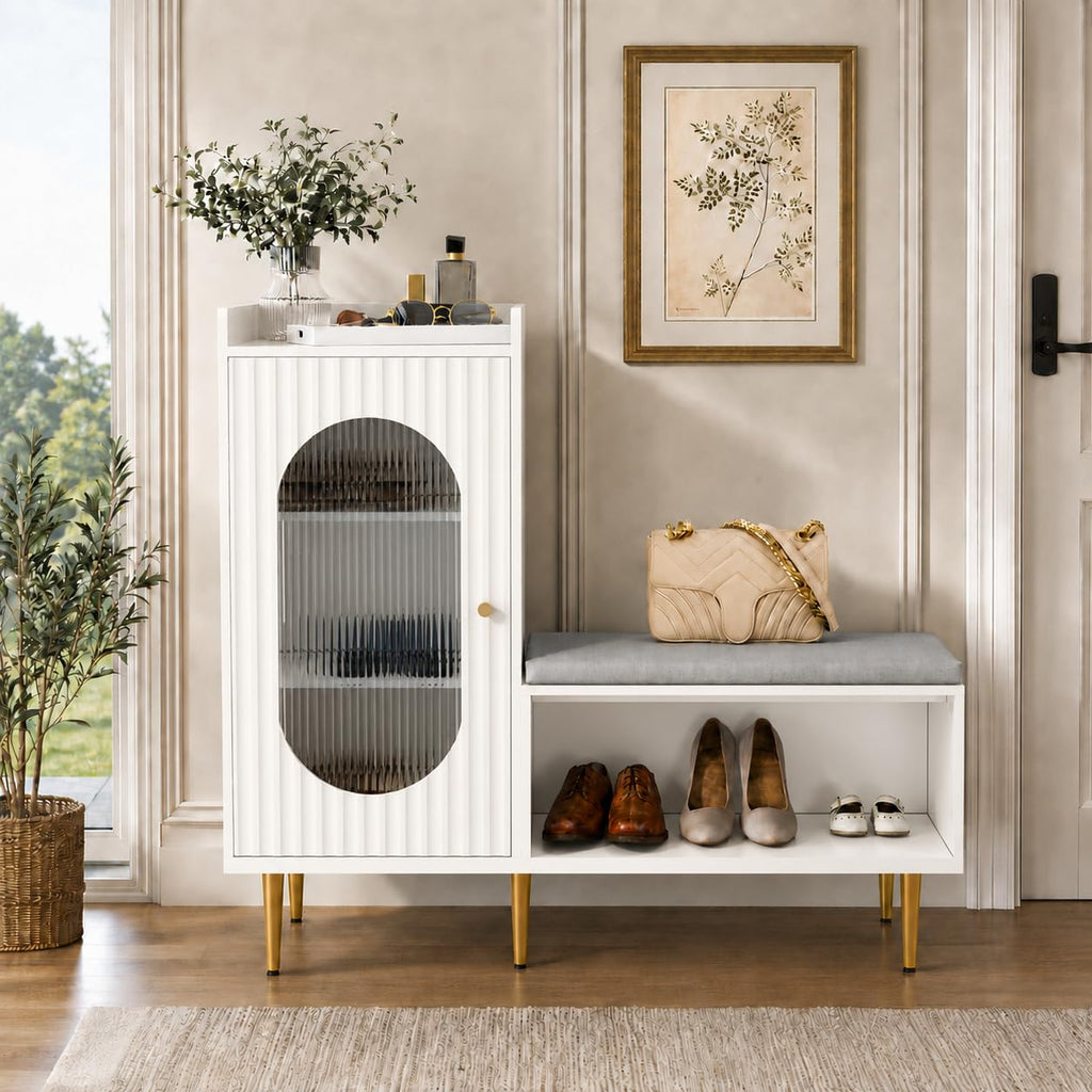 HLR Shoe Storage Bench with Glass Door&Shelf, L-Shaped Shoe Cabinet, Green