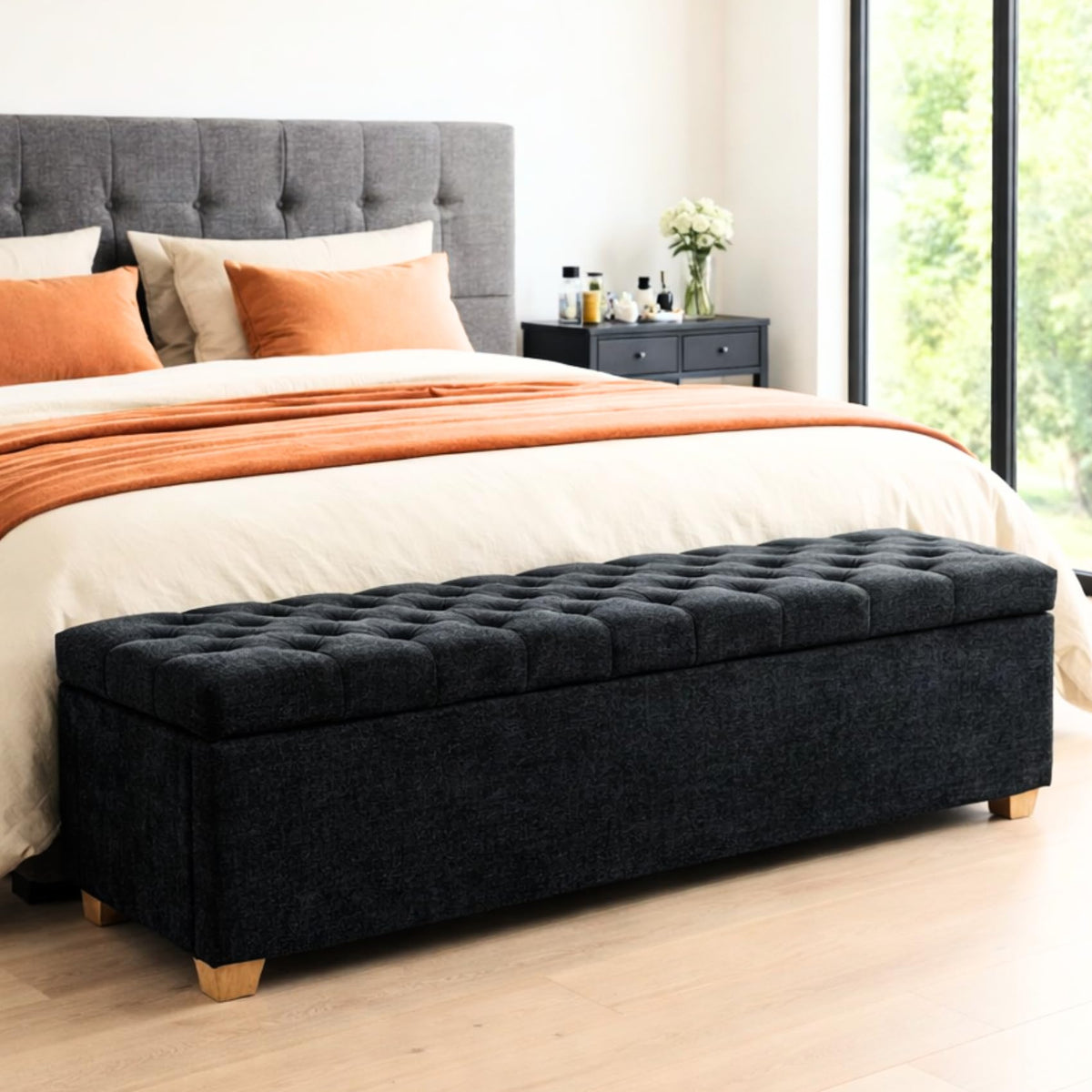 Storage Bench for Bedroom, 65.2'' Tufted End of Bed King Size Upholstered Extra-Long Bench with Dual Flip-Top Lids for Entryway, Hallway, Cloakroom, Window, Griege.