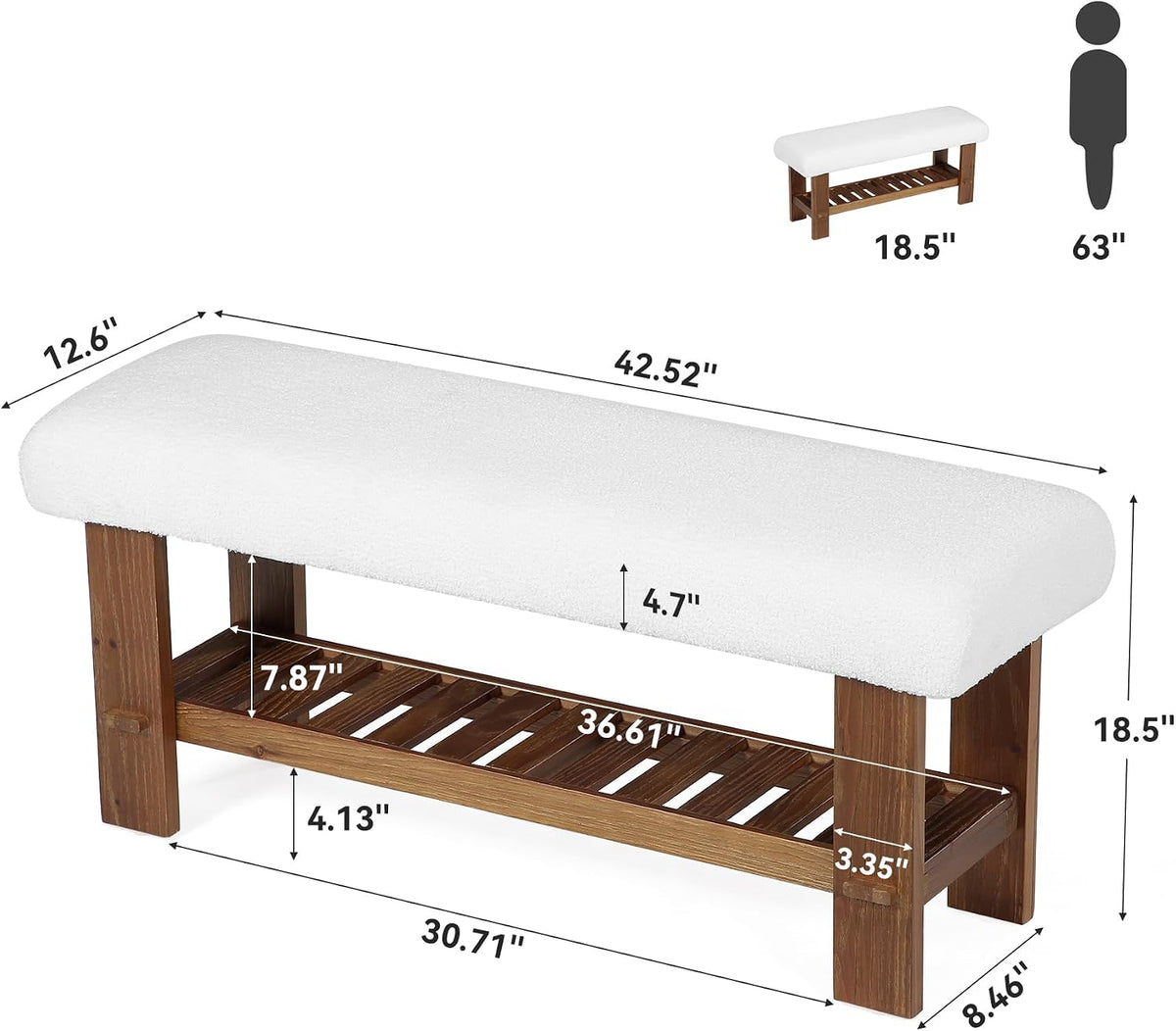 42.5" Solid Wood Storage Bench, 2-Tier Entryway Bench