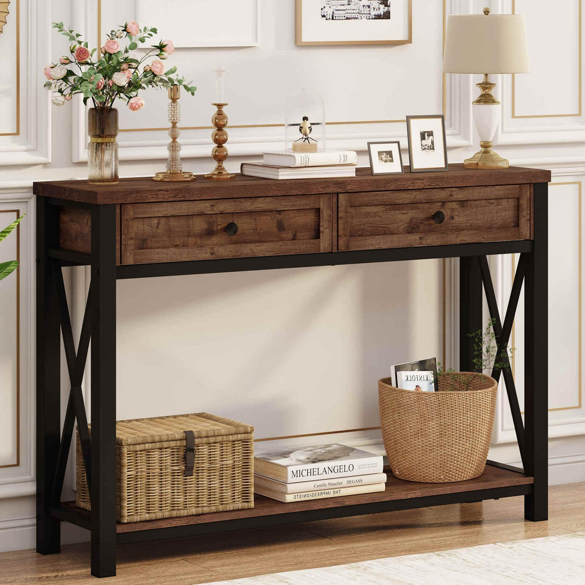 BON AUGURE 47” Narrow Console Table, 3 Tier Sofa Table Behind Couch, Rustic