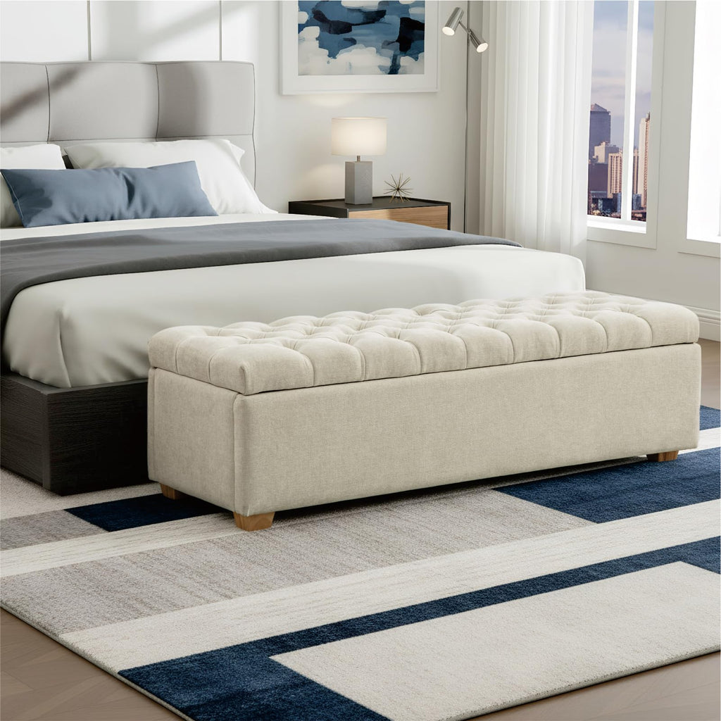 Chifee & Vingol 60" Ottoman with Storage Oversized End of Bed Storage Bench Upholstered Benches for Entryway, Living Room, Bedroom-Beige