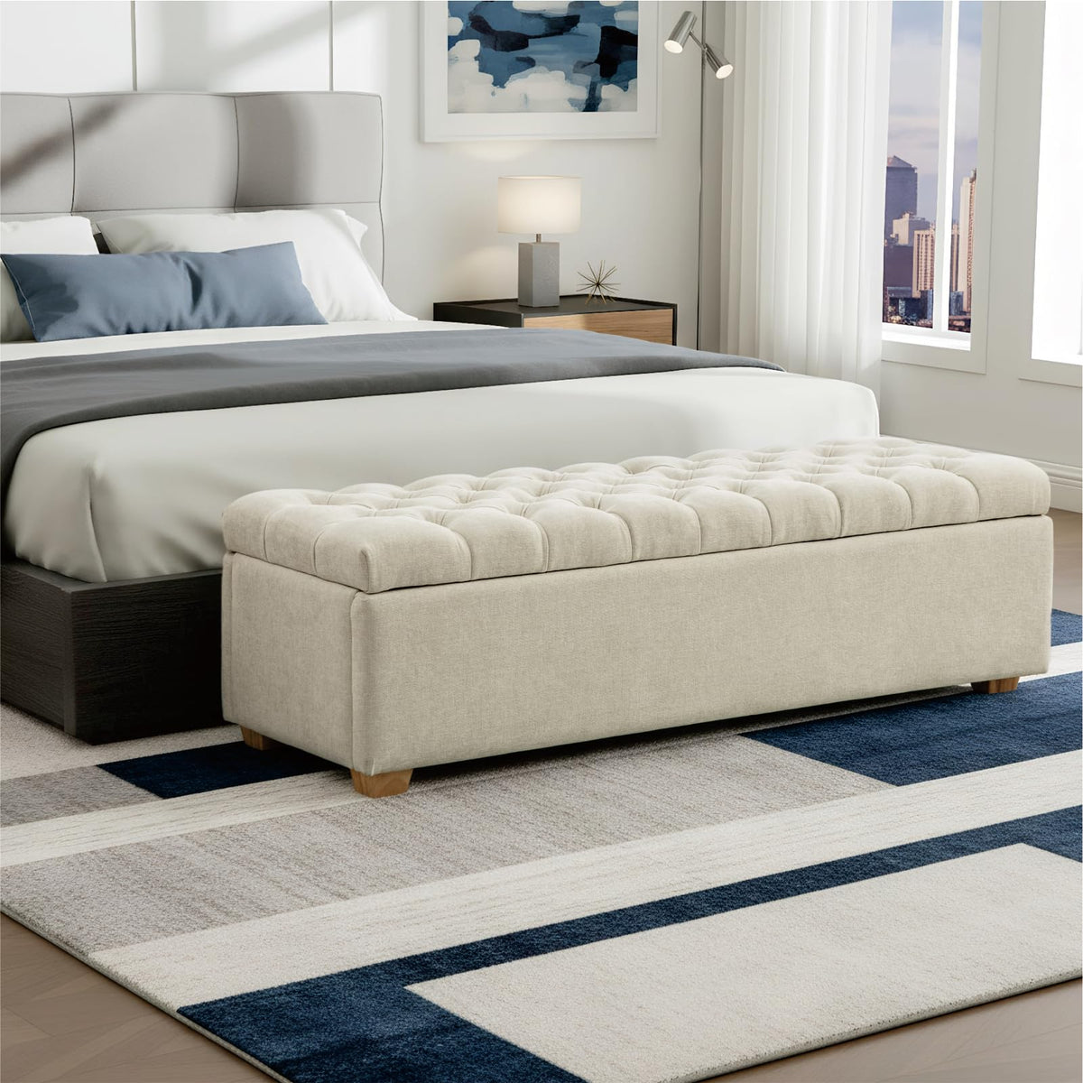 Chifee & Vingol 60" Ottoman with Storage Oversized End of Bed Storage Bench Upholstered Benches for Entryway, Living Room, Bedroom-Beige