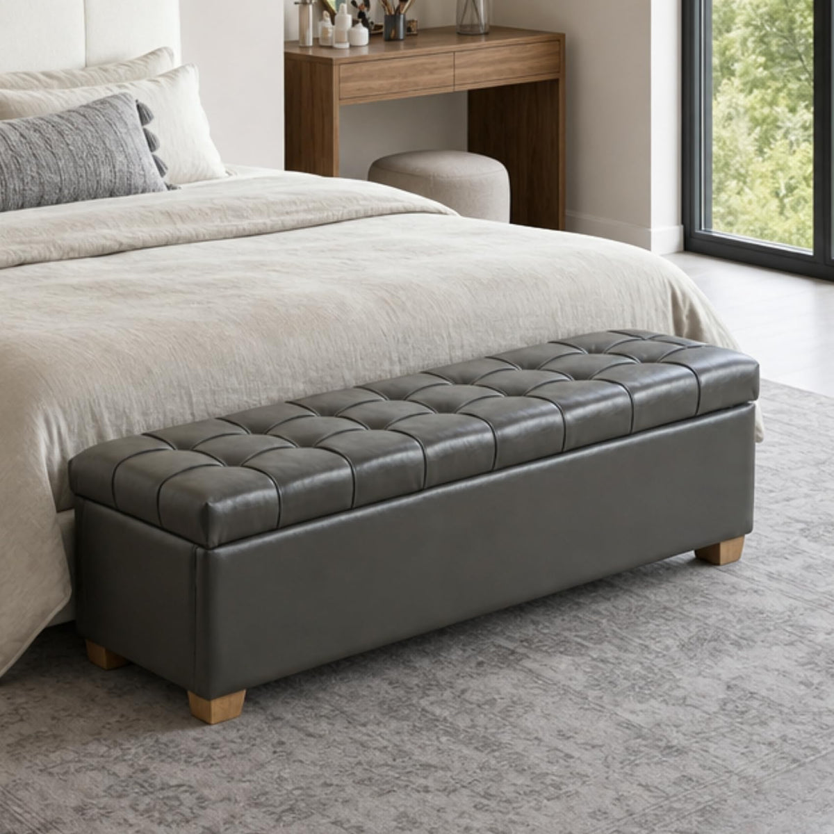 Storage Bench for Bedroom, 65.2'' Tufted End of Bed King Size Upholstered Extra-Long Bench with Dual Flip-Top Lids for Entryway, Hallway, Cloakroom, Window, Griege.