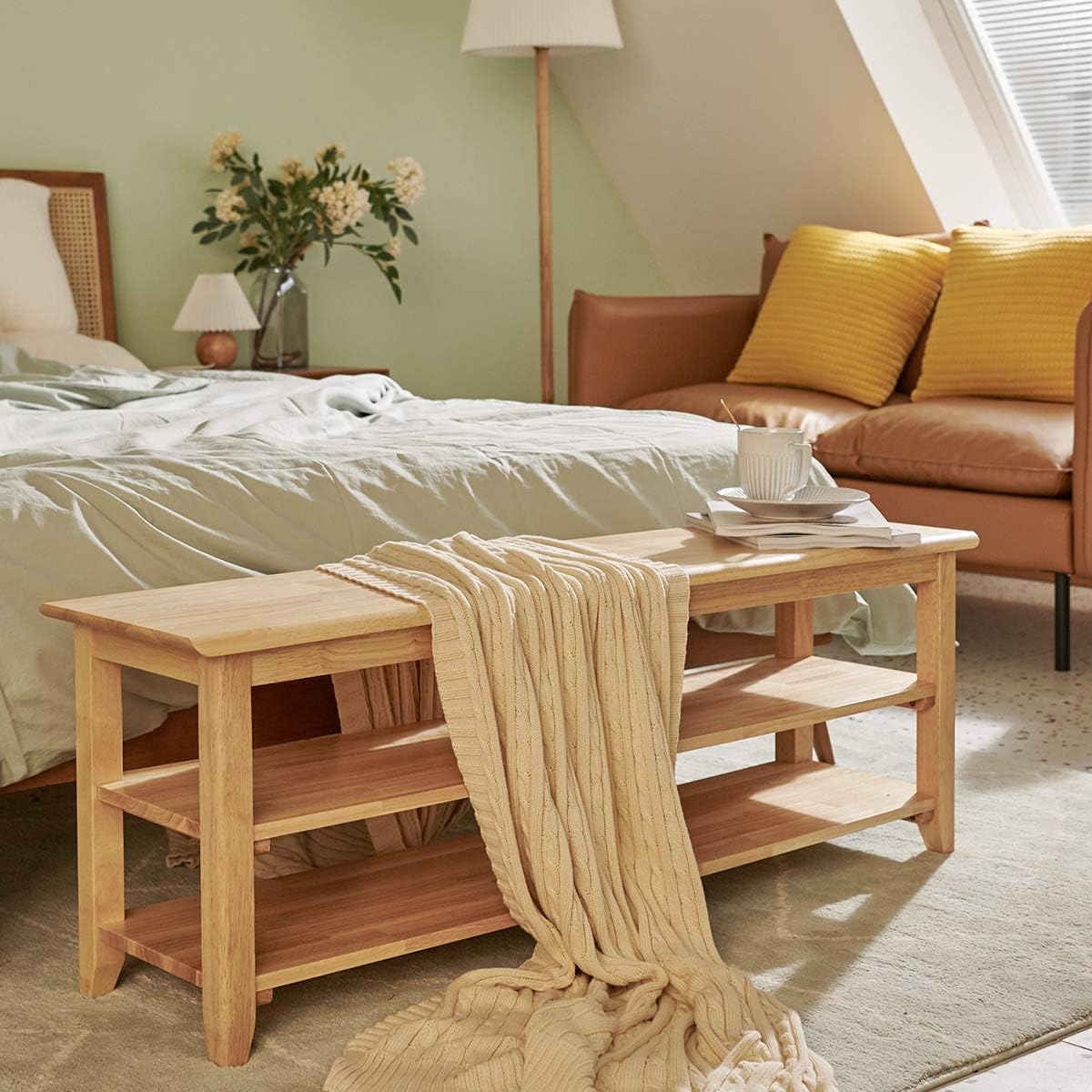 XKZG Shoe Rack Bench Wooden Storage Bench Entryway Bench, Natural, 47.2"